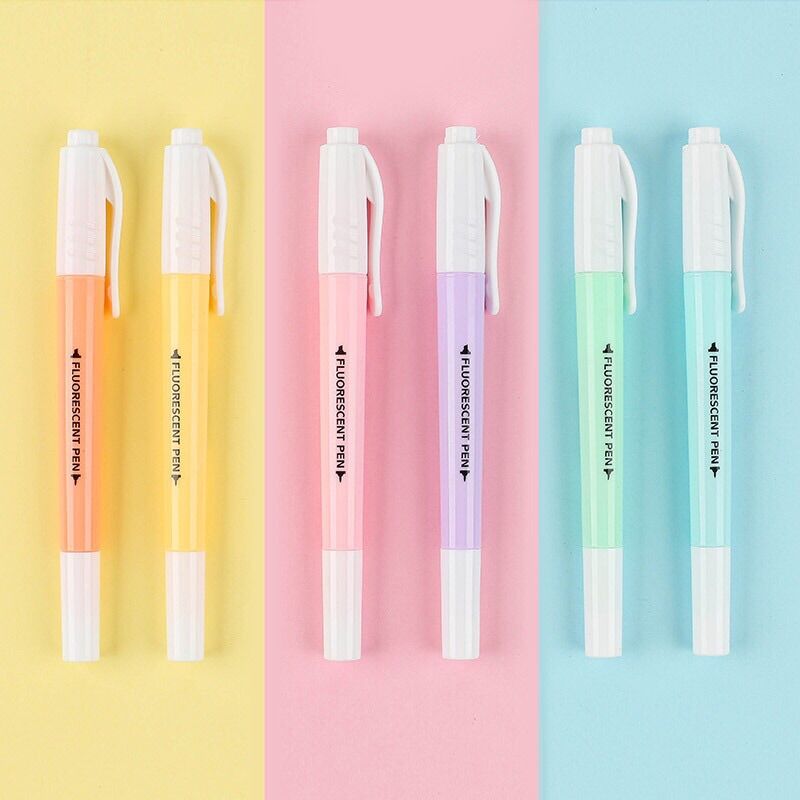Set 6 Bút highlight pastel 2 đầu FLUORESCENT PEN (dupe STABILO)