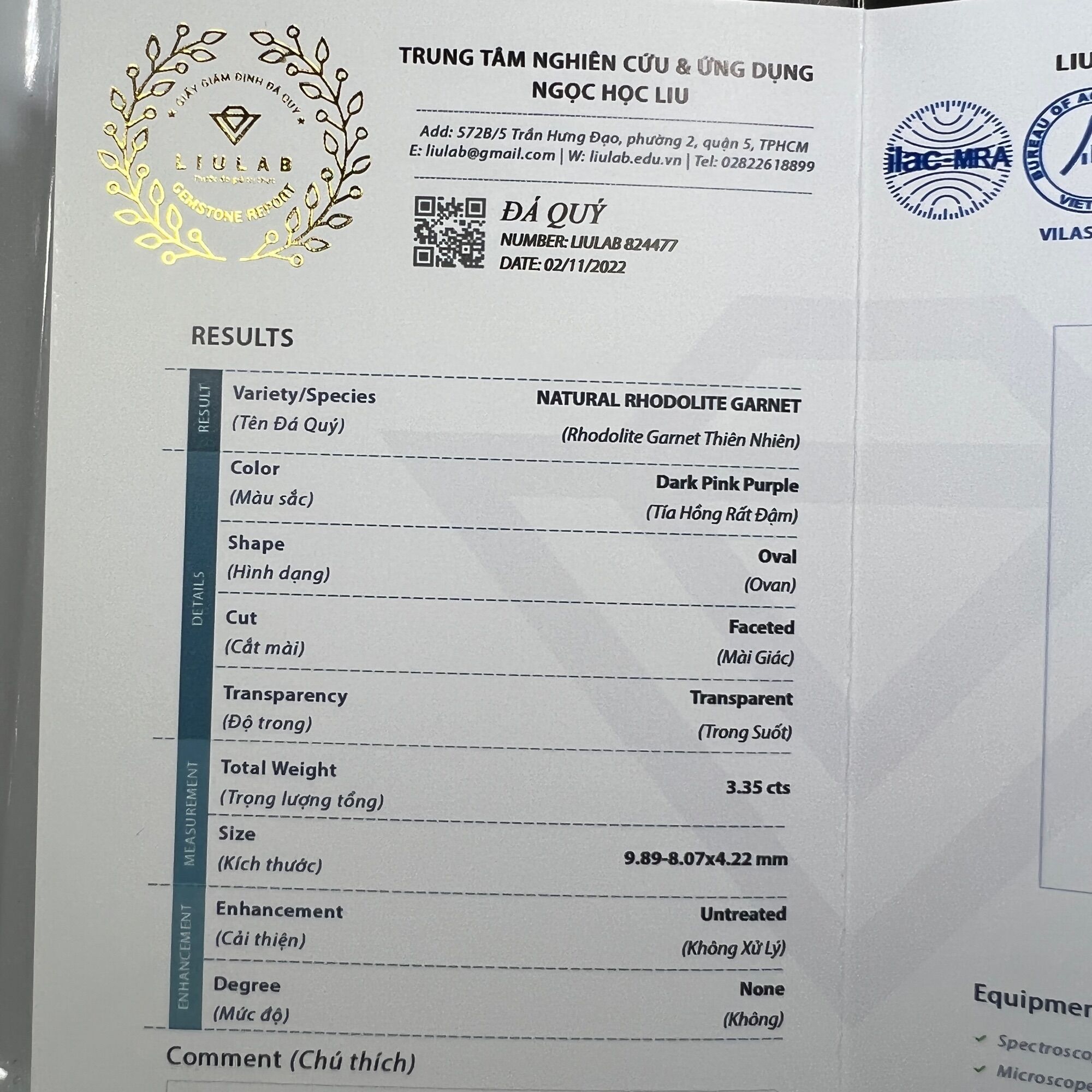 824477-ĐÁ GARNET  TÍM ,HỒNG ( THIÊN NHIÊN ) ĐÃ KIỂM ĐỊNH LIULAB
