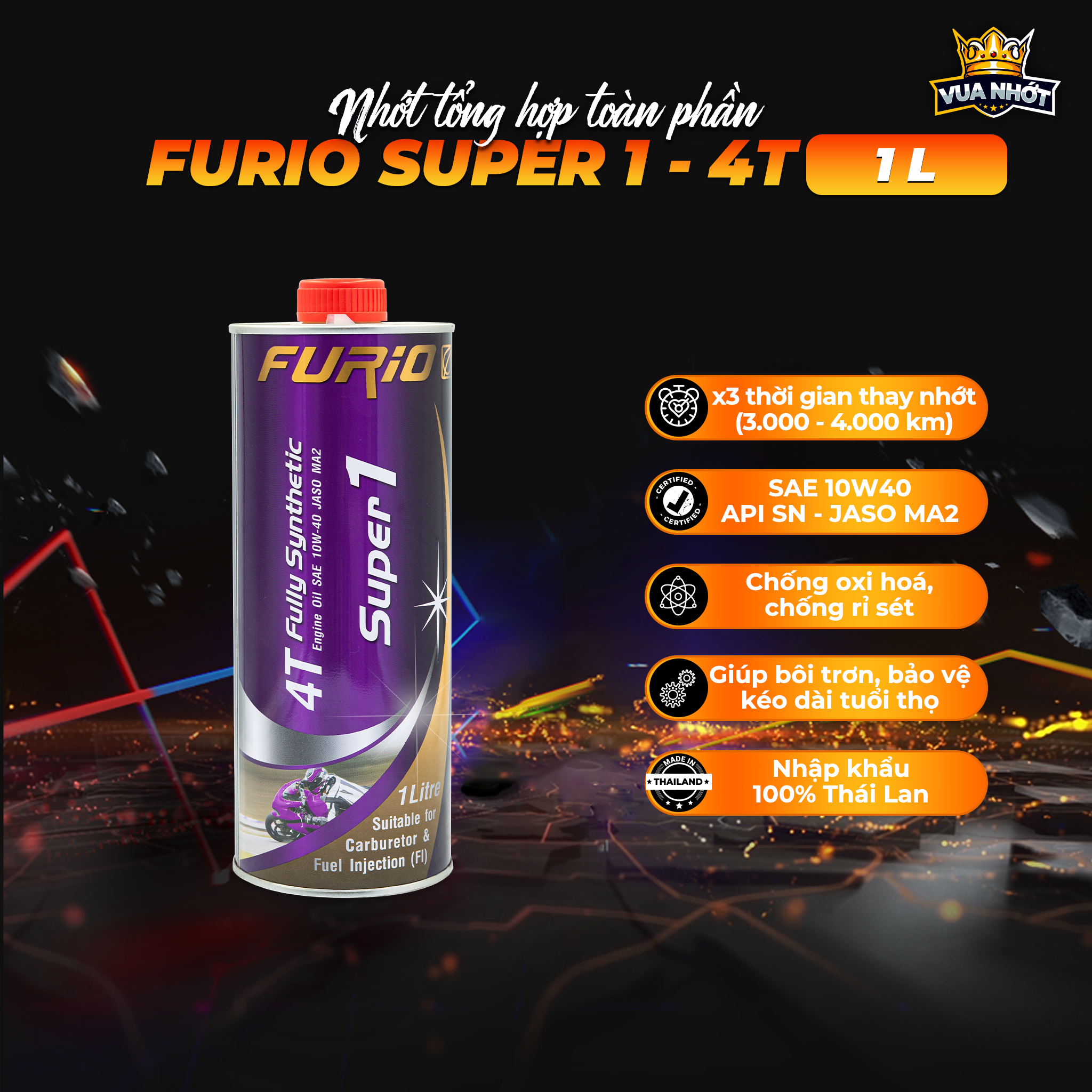 Nhớt xe máy tổng hợp toàn phần 100% bcp thái lan 1l - furio sae 10w40 api sn jaso ma2 fully synthetic