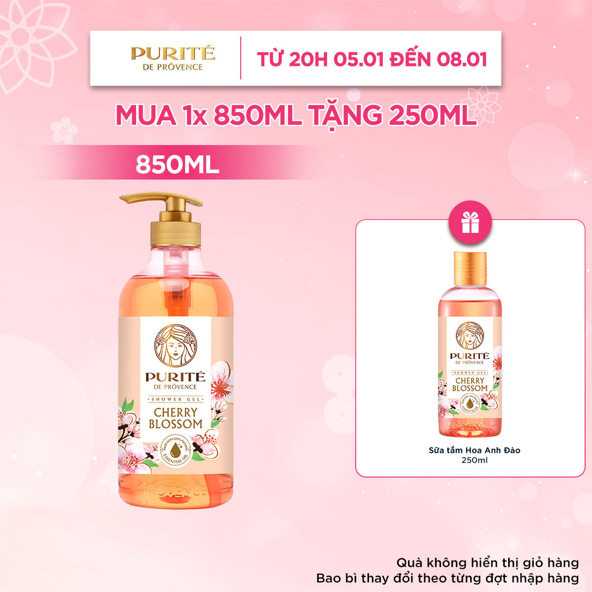 Combo Sữa Tắm Purite Anh Đào 850ML + Tặng Sữa Tắm Purite Anh Đào 250ML