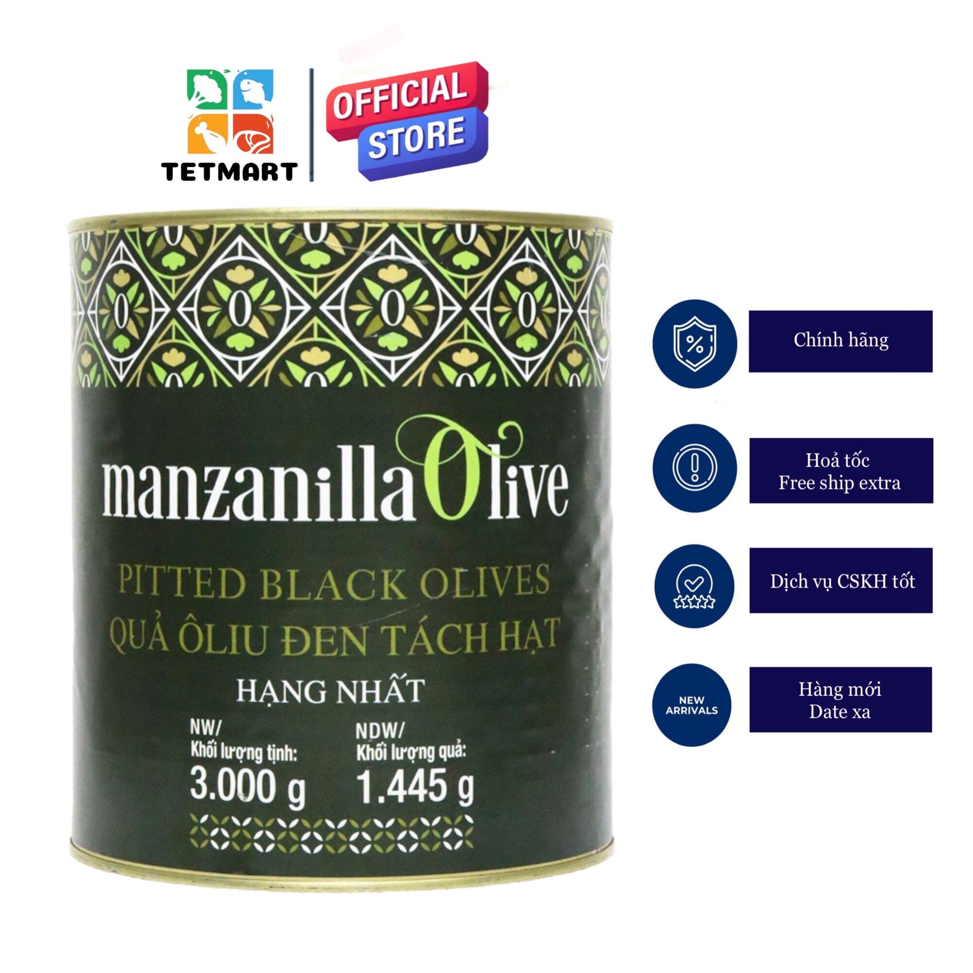 Quả oliu đen nguyên trái đã tách hạt 3kg Manzanilla Sevilla Tây Ban Nha