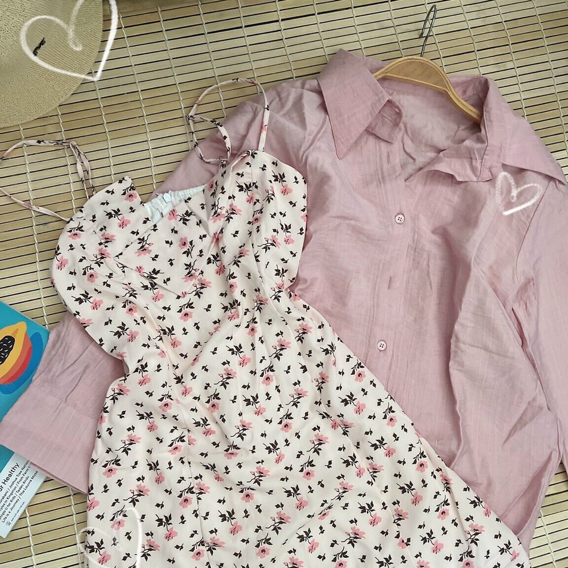 Set đầm 2 dây hoa kèm áo khoác sơ mi