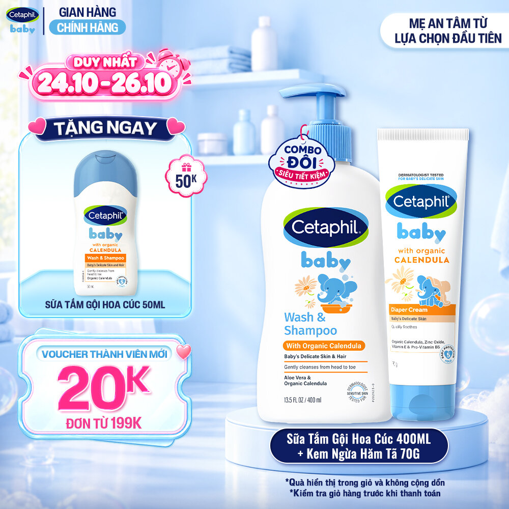 Combo Sữa tắm gội 400ML và Kem chống hăm tã 70G dịu lành cho bé với Calendula hoa cúc hữu cơ