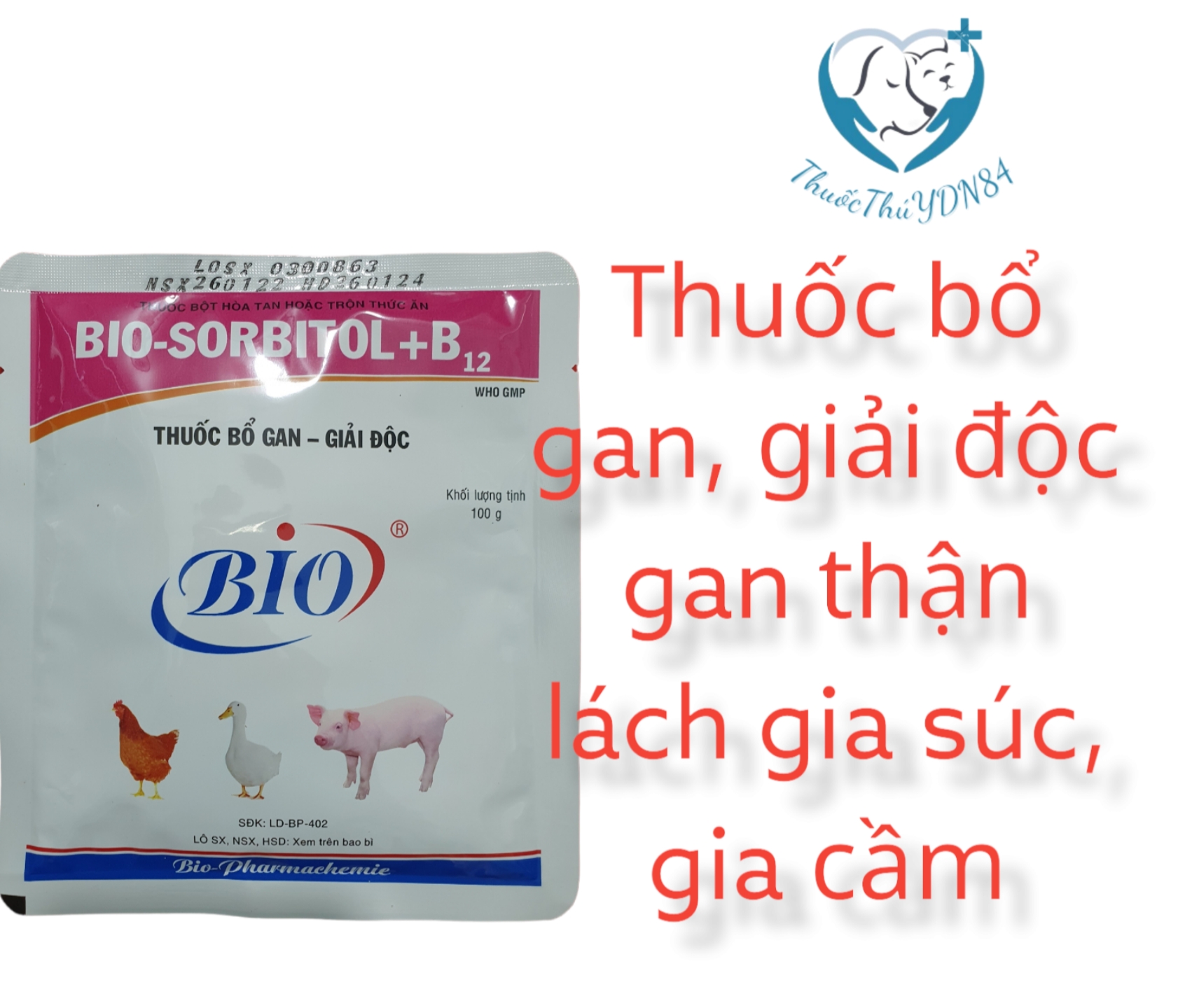 Bio sorbitol b12 gói 100g bổ gan giải độc gan thận lách heo gà vịt trâu bò