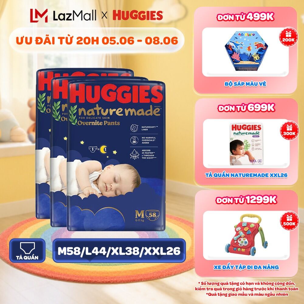 Combo 3 Tã quần Huggies Naturemade ban đêm M58/L44/XL38/XXL26