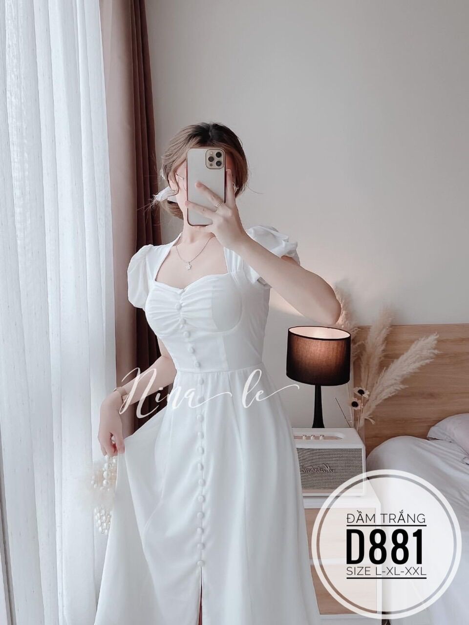 60-90kg Bigsize Đầm trắng nút bọc D881