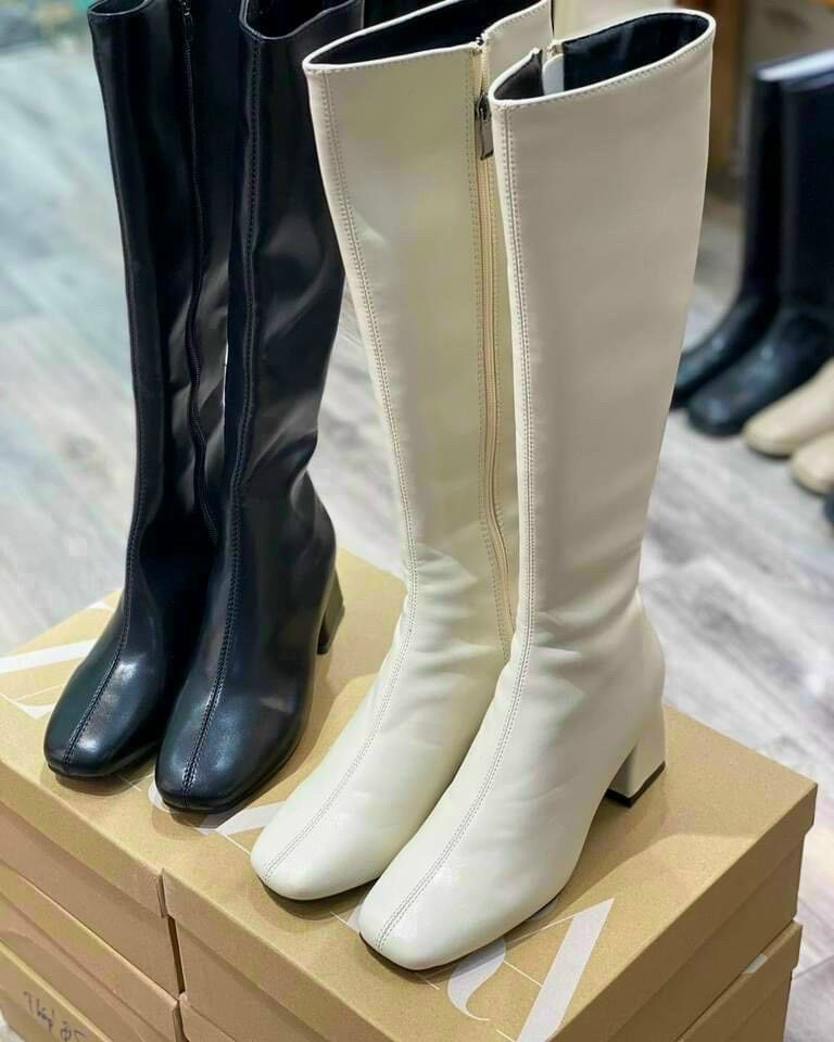 Boot đùi nữ cao gót mũi tròn, bốt cổ cao nữ gót vuông cao 5p chất da mờ lót lông 2 màu đen,kem