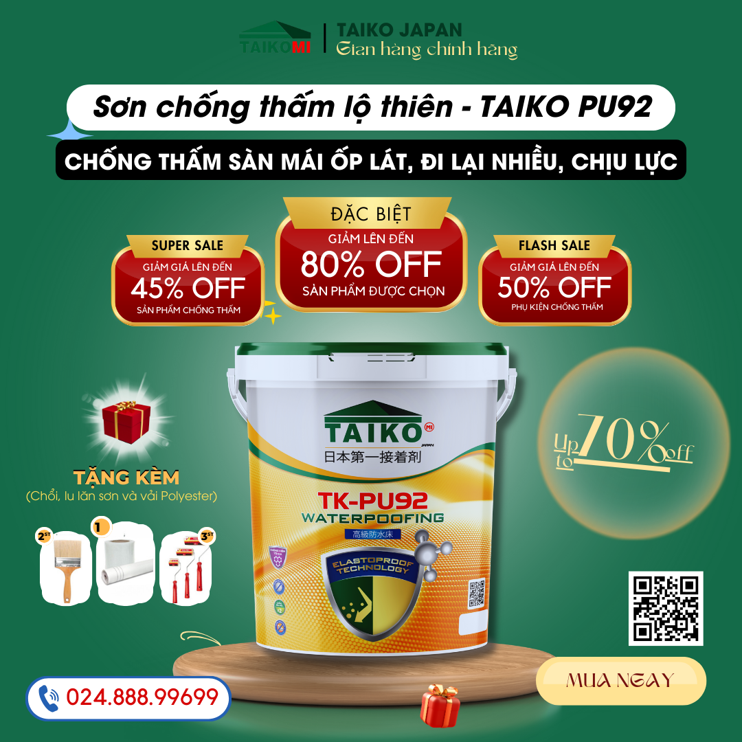 [Thùng 1 Lít] Sơn Chống Thấm PU (Polyurethane) TAIKO PU92  - Sàn Lộ Thiên Đã Ốp Lát Tăng Bám Dính Tă