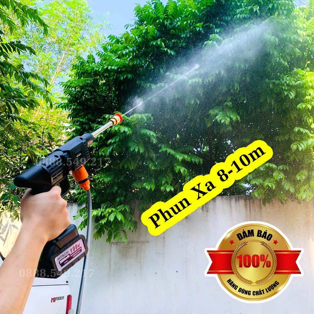 Máy Rửa Xe HITACHI Dùng Pin  199V - Xịt Rửa Siêu Khỏe - Hàng Lõi Đồng Không Chổi Than