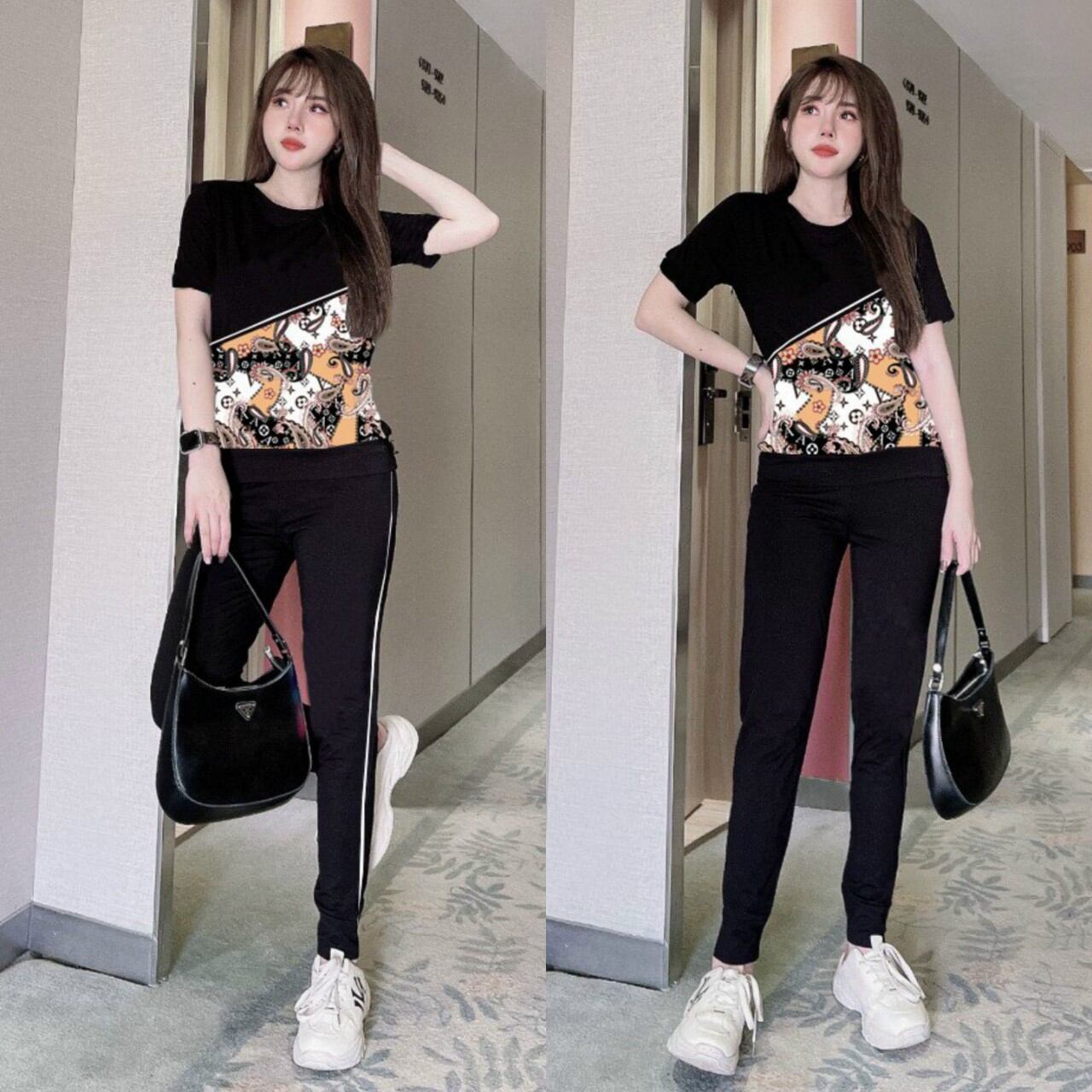 Sét đồ bộ nữ thời trang phối họa tiết cách điệu cao cấp