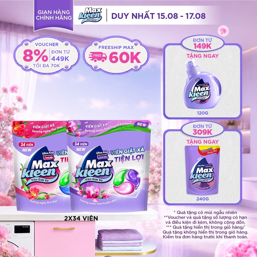 Combo 2 Túi Viên Giặt Xả MaxKleen Hương Huyền Diệu + Hương Ngày Thư Thái (34 viên/túi)