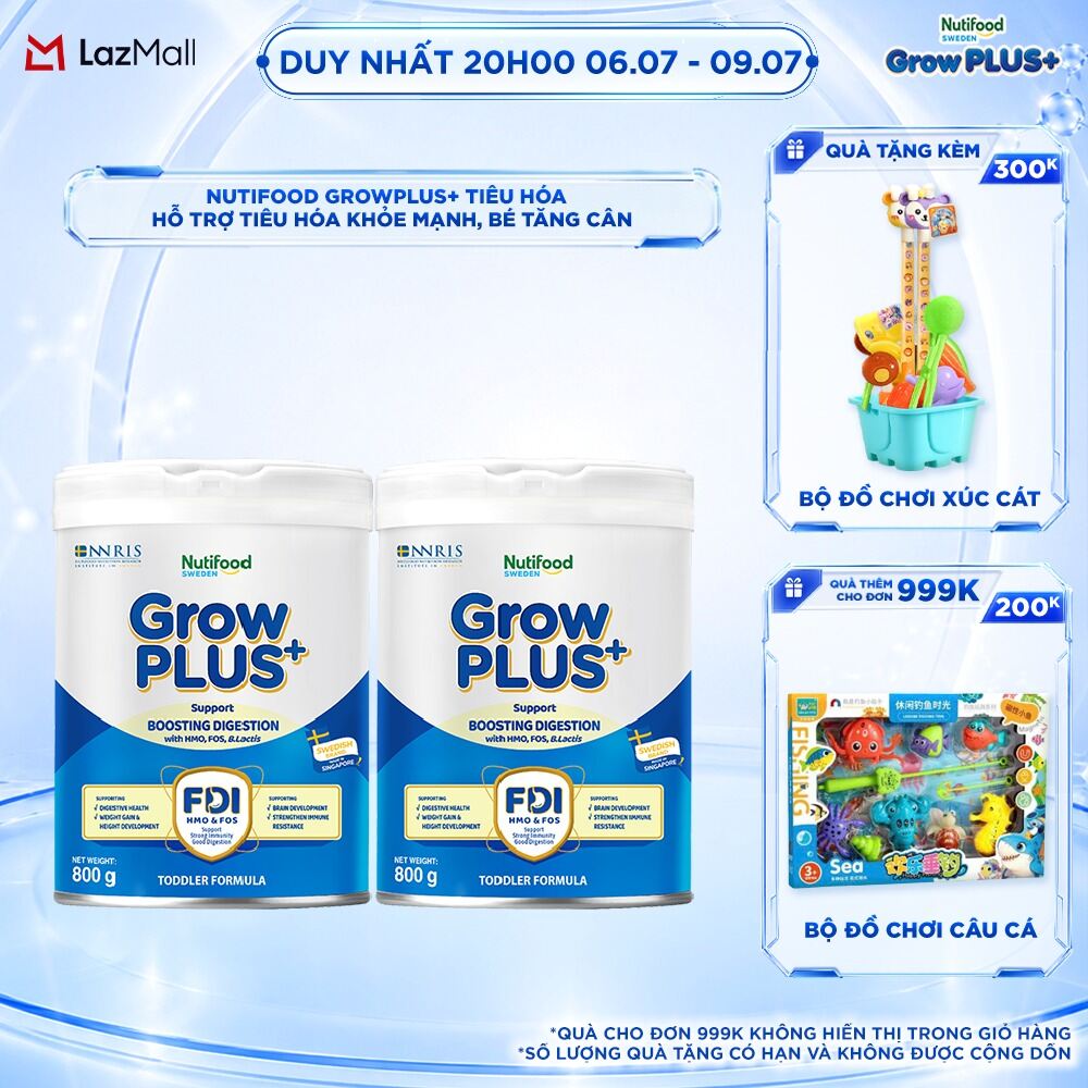 Combo 2 Sữa bột Nutifood Sweden GrowPLUS+ Tiêu Hóa (Xanh Nhạt) - Hỗ trợ tiêu hóa khỏe mạnh, bé tăng cân (Lon 800g)