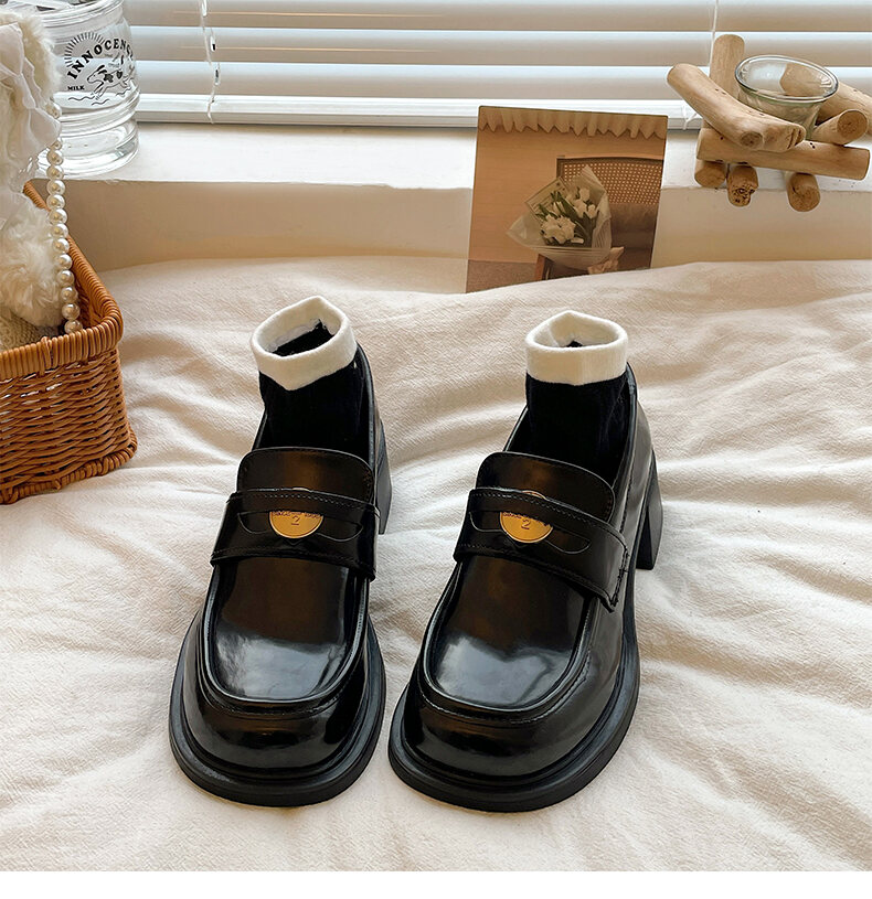 Giày Lười Đế Cao Màu Nâu Kiểu Pháp Cho Nữ Giày Oxford Mary Jane Phong Cách Anh Giày Đế Bằng Mũi Tròn