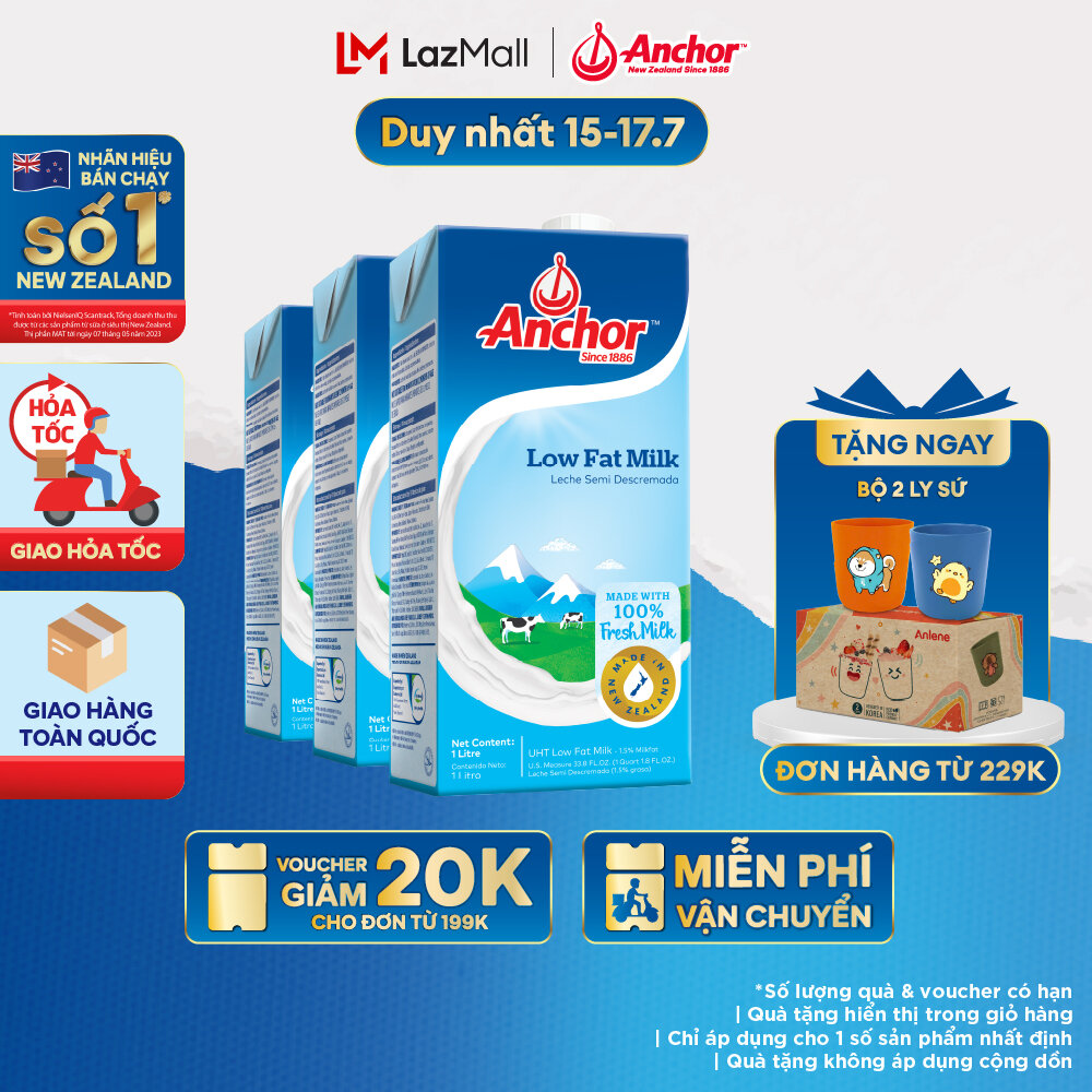 [GIAO HÀNG HỎA TỐC - HCM] Combo 3 Sữa Tươi Tiệt Trùng Anchor Ít Béo Hộp 1 Lít