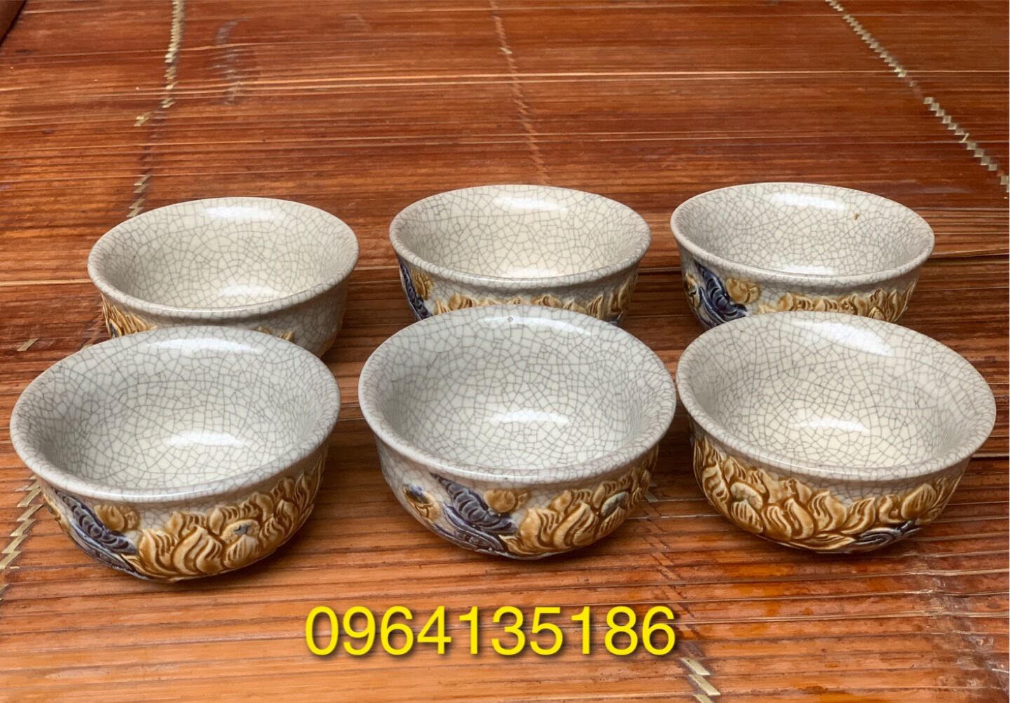Set 6 Bát cơm thờ cúng men rạn đắp sen nổi gốm sứ Bát Tràng
