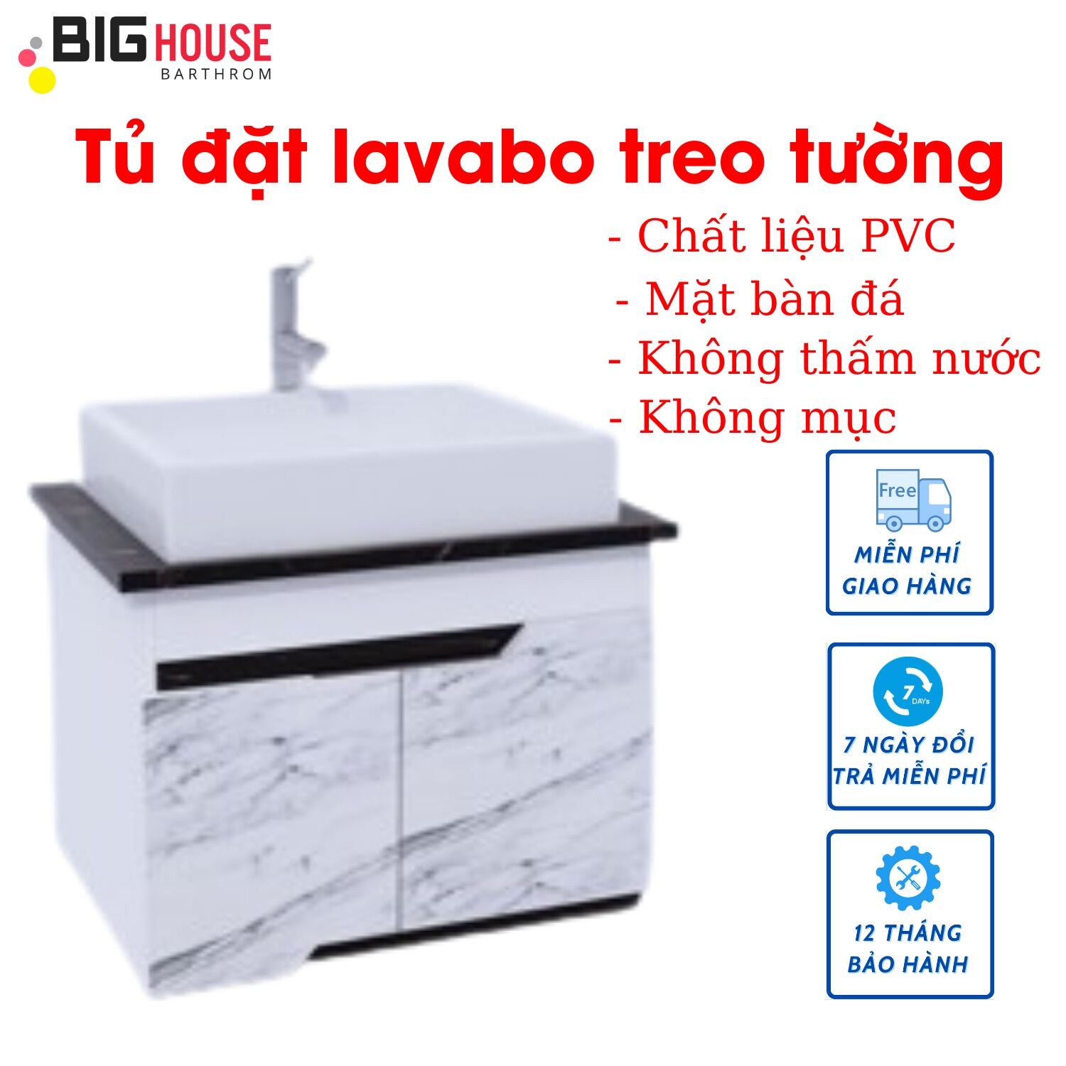 Tủ Lavabo nhà tắm treo tường, tủ đặt lavabo chất liệu PVC ,Mặt bàn đá