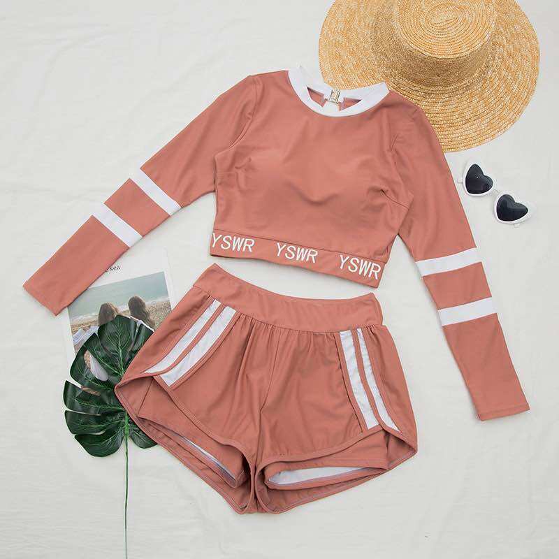 Molly bikini - Bộ bơi nữ 2 mảnh áo tay dài, quần shorts 2 lớp in logo SWIM