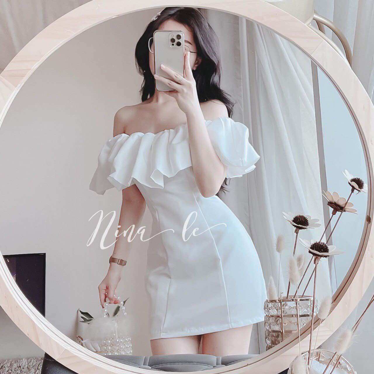  Đầm body trễ vai phối bèo dễ thương đầm dự tiệc.siêu xinh tôn dáng 