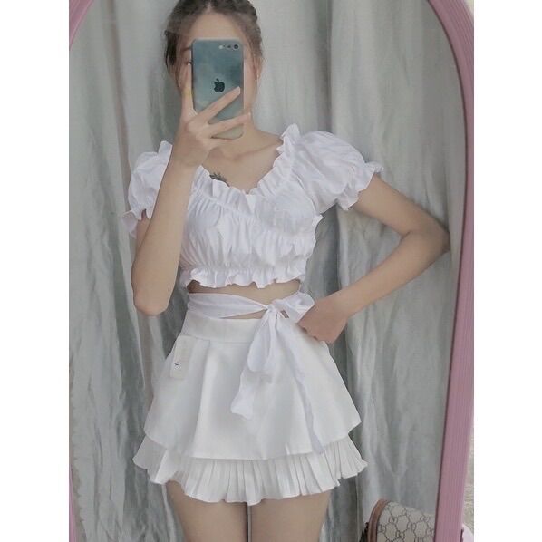 [HCM]ÁO CROPTOP BÈO CỔ V PHỐI DÂY CUỐN EO XINH A22
