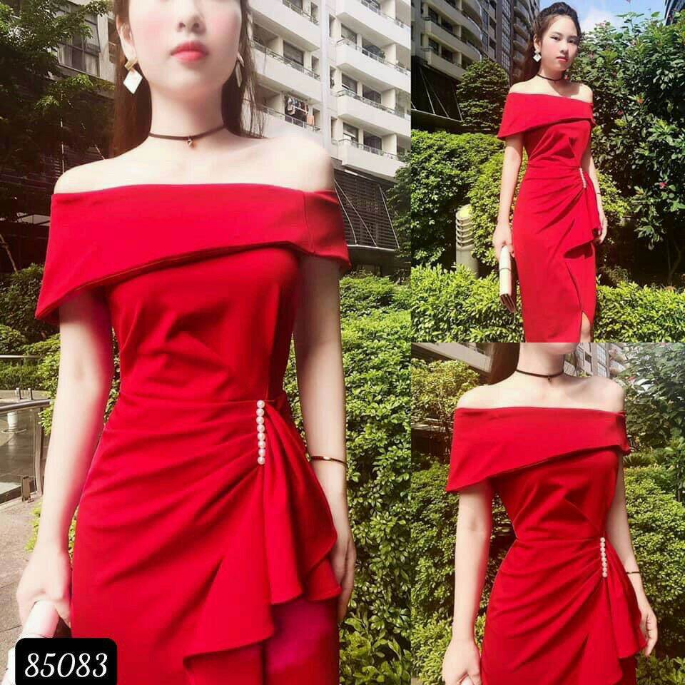 ĐẦM NỮ TRỄ VAI NHÚN EO DỰ TIỆC MÀU ĐỎ (BIG SIZE)