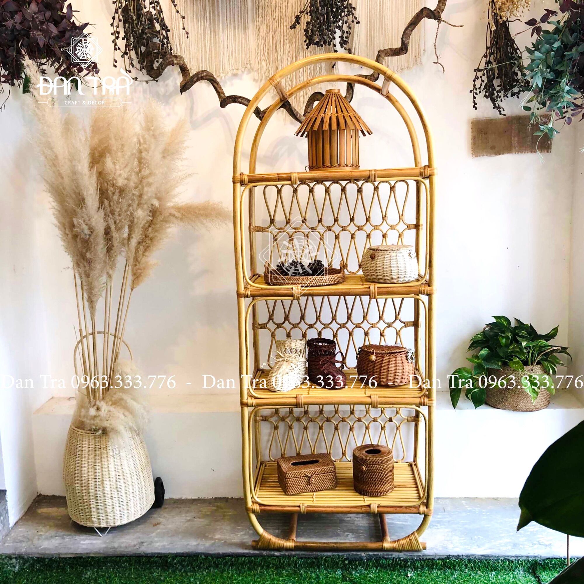 Kệ mây đan hoa văn vòm - kệ mây 4 tầng - kệ mây trang trí - kệ mây tre đan cao cấp đan trà - nội thất mây tre đan