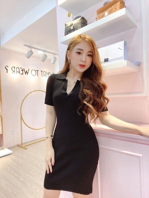 Váy đầm body len nữ cổ bẻ bassic
