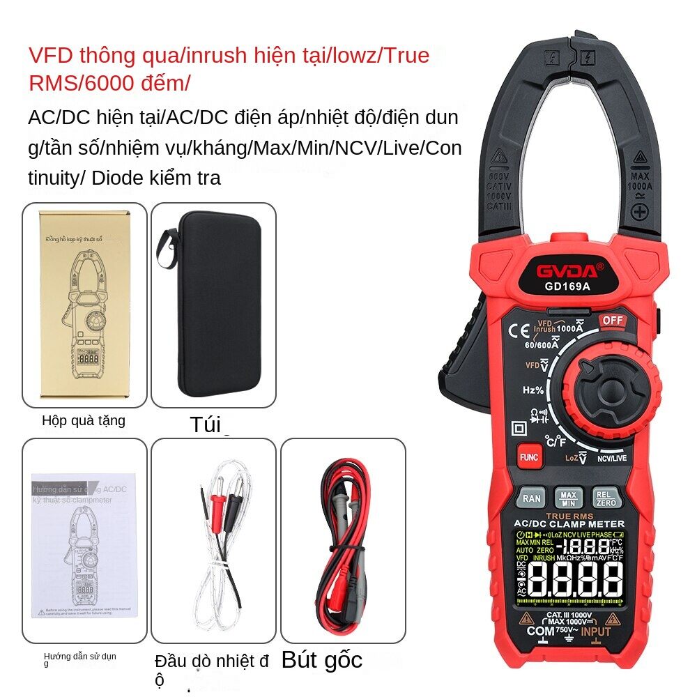 Kẹp kỹ thuật số gvda 1000a 1000v true rms đồng hồ vạn năng ac dc ampe kế với máy đo điện áp và độ nhạy cảm ứng lên đến 1000a 1000v true rms đồng hồ đo vạn năng điện tự làm lý tưởng