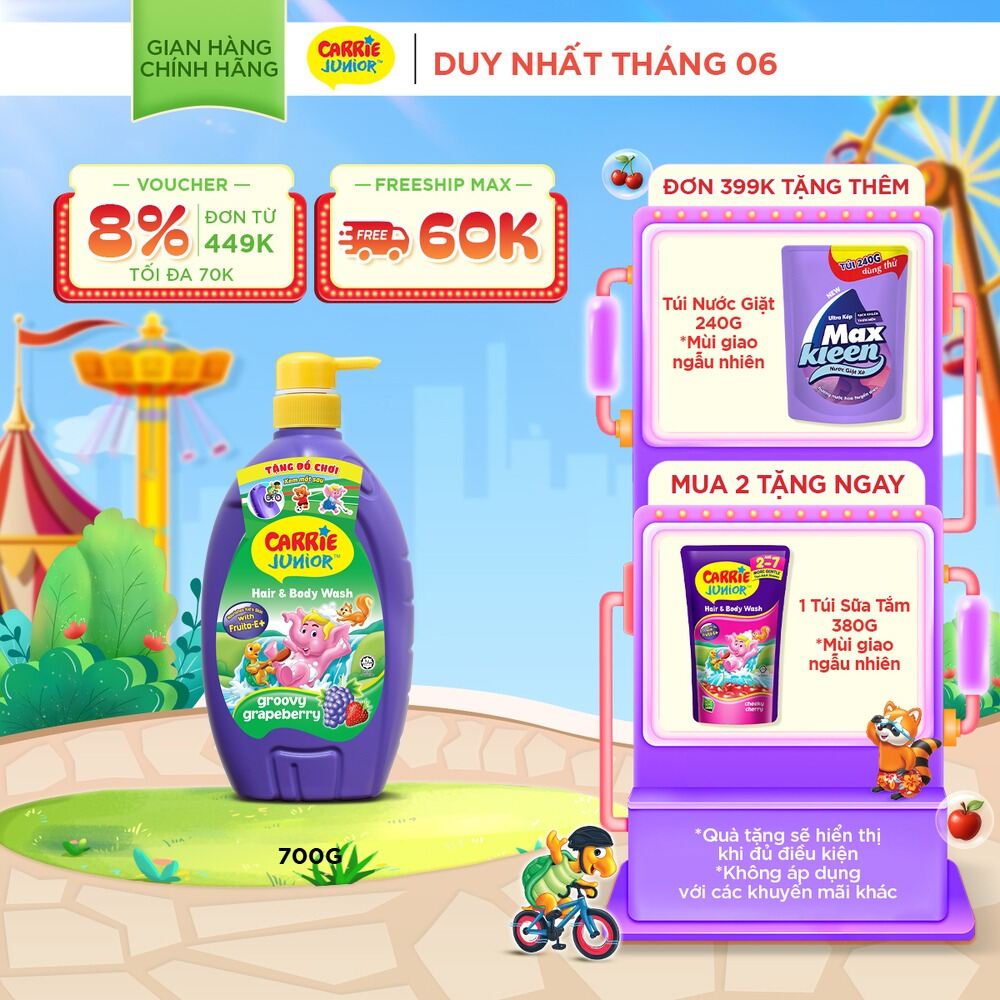 Sữa Tắm Gội cho bé Carrie Junior chiết xuất trái cây thiên nhiên Hương Grapeberry 700g