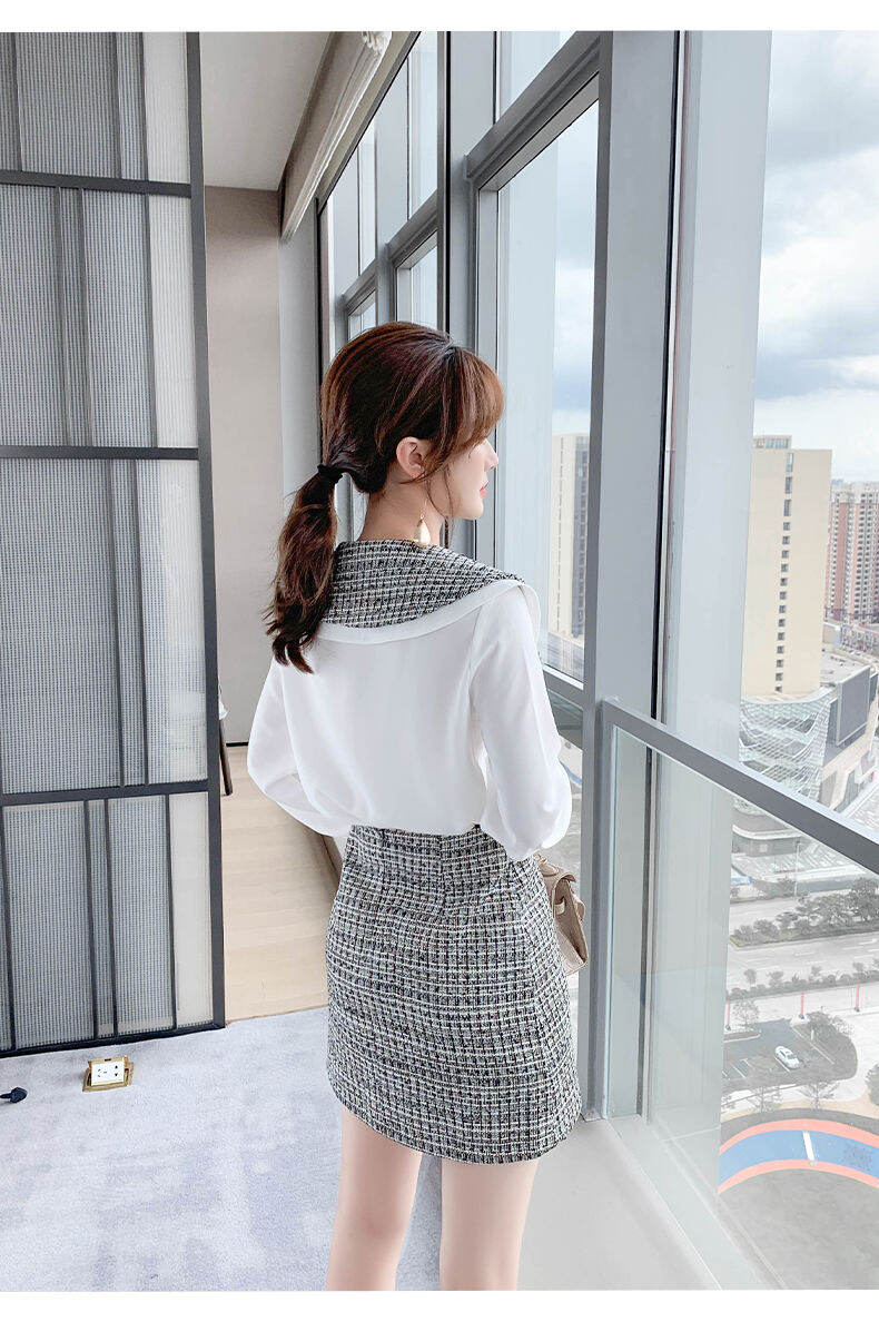 Set Áo Sơ Mi Phối Váy Dạ Tweed Trắng Đen Siêu Đẹp