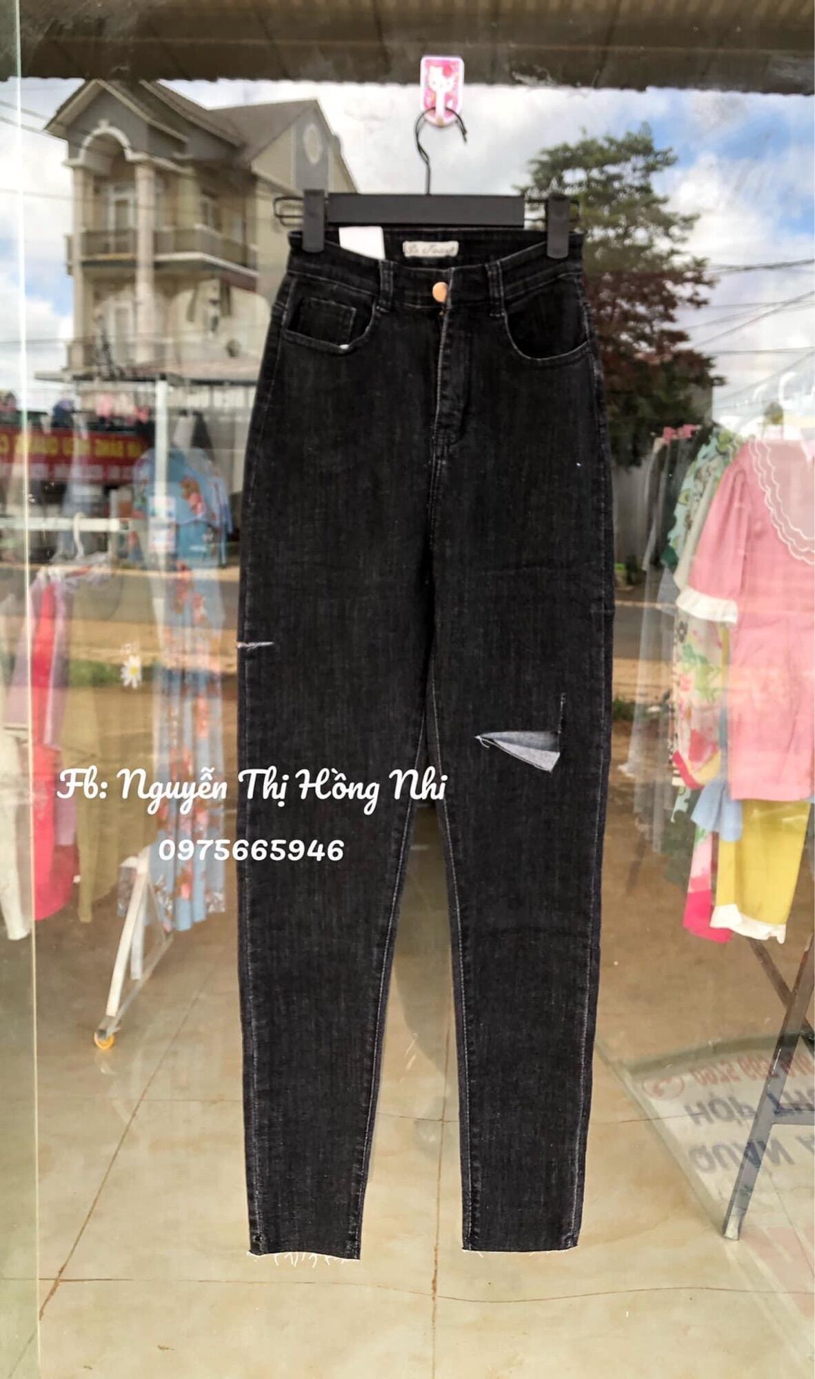 Jeans dài lưng cao co giãn rách bẹ pt