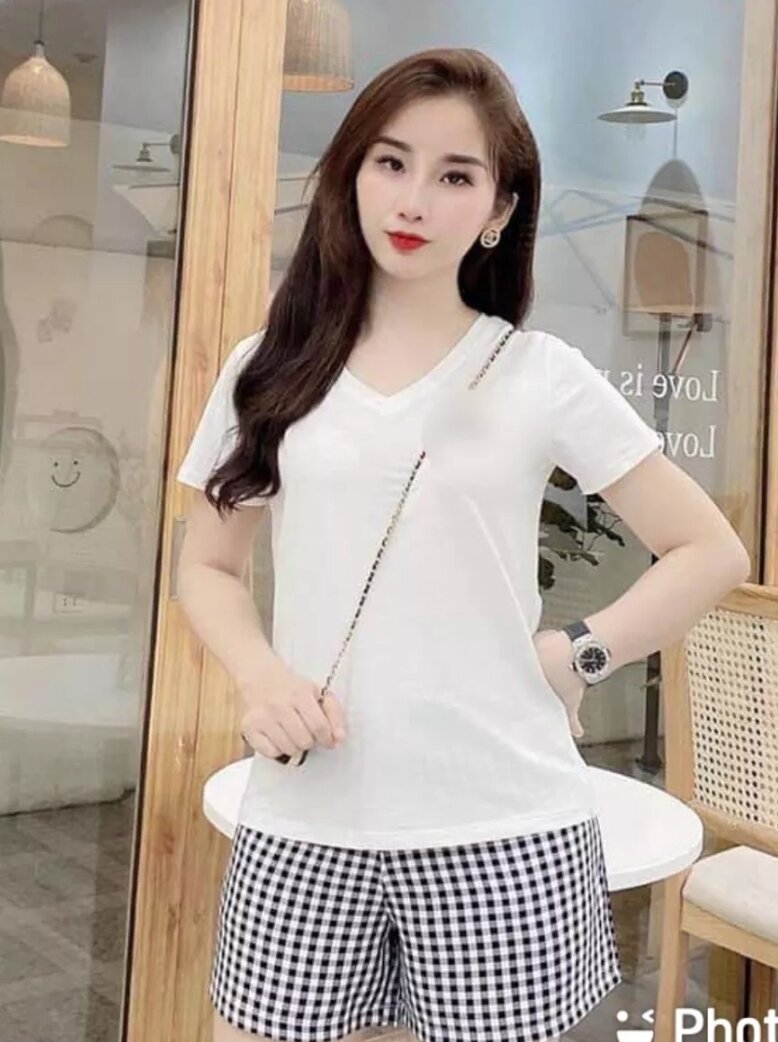 Set áo thun cổ tim và quần short size L, XL ( từ 42kg-60kg)