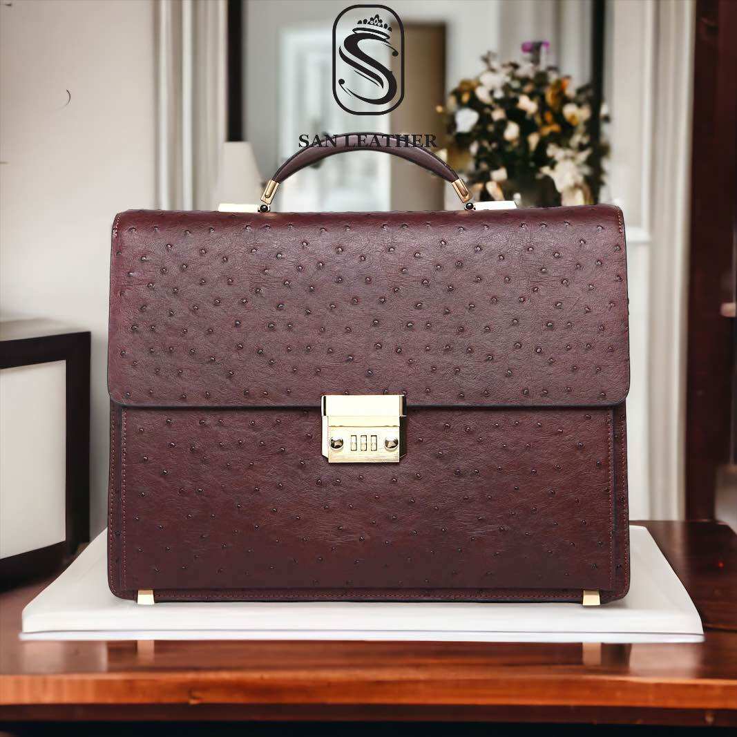 Cặp da nam khóa số da đà điểu,túi xách da thật san leather 9828