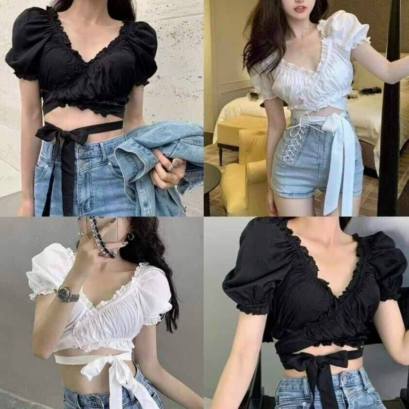 Áo croptop bèo chéo dây nơ xinh a22