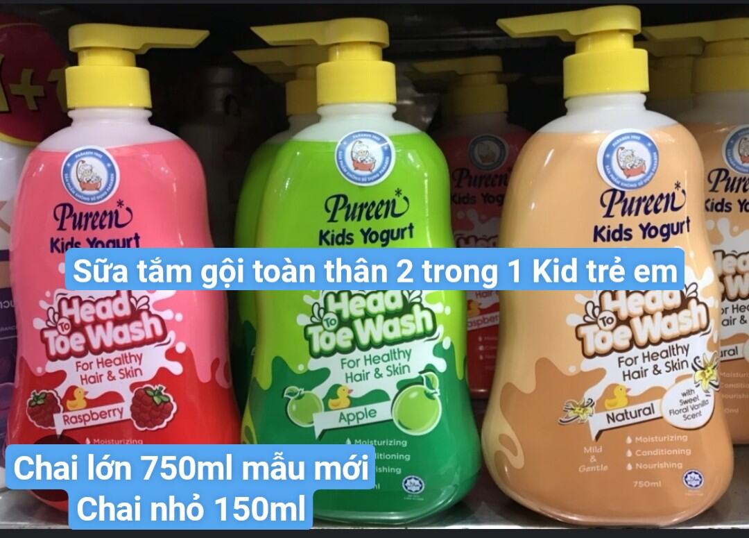 Sữa tắm gội toàn thân 2 trong 1 Kids Pureen cho trẻ em chai 750ml và 150ml