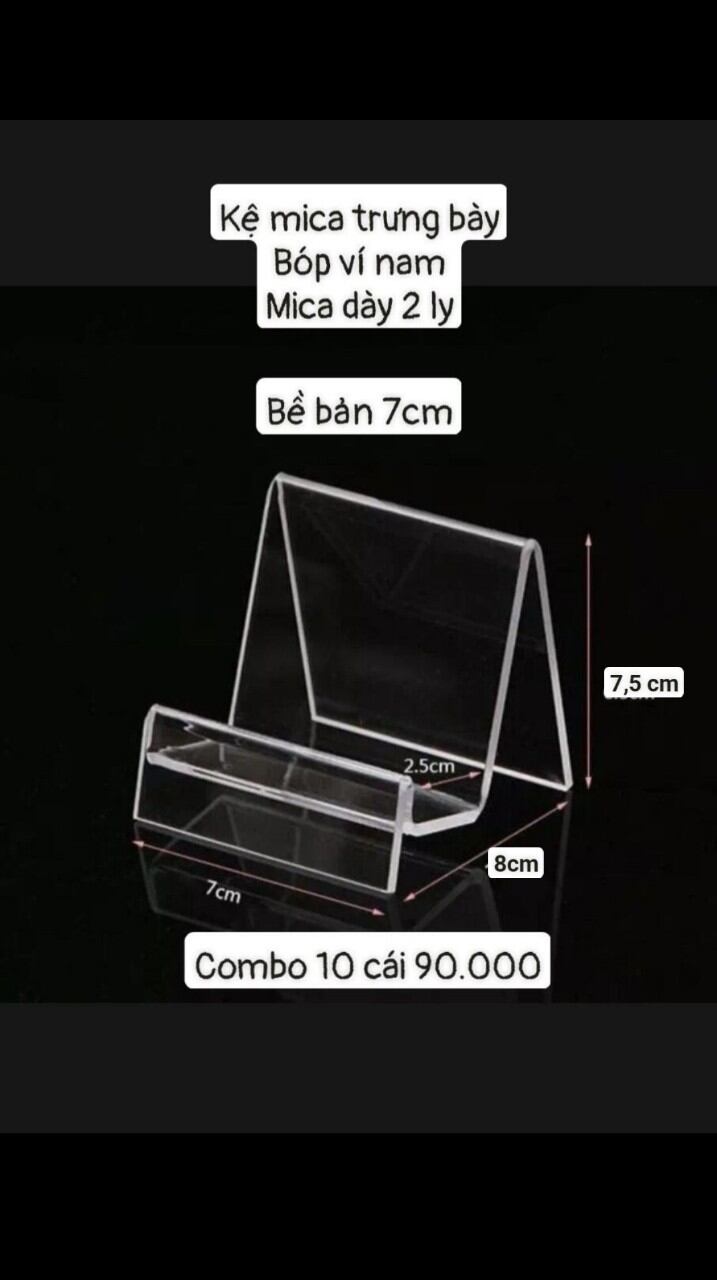 Kệ mica trưng bày bóp ví nam, bề bản 7 cm