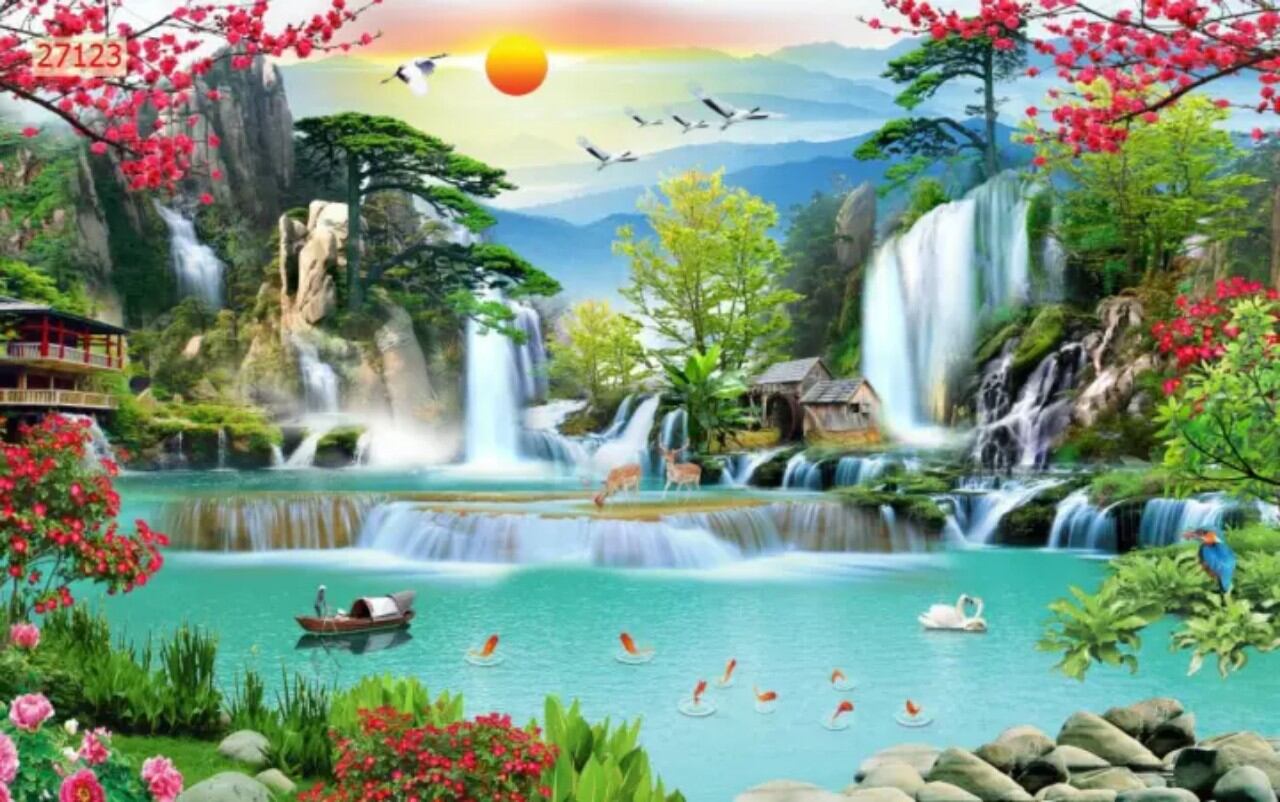 Tranh dán tường 3D tranh sơn thủy vải lụa
