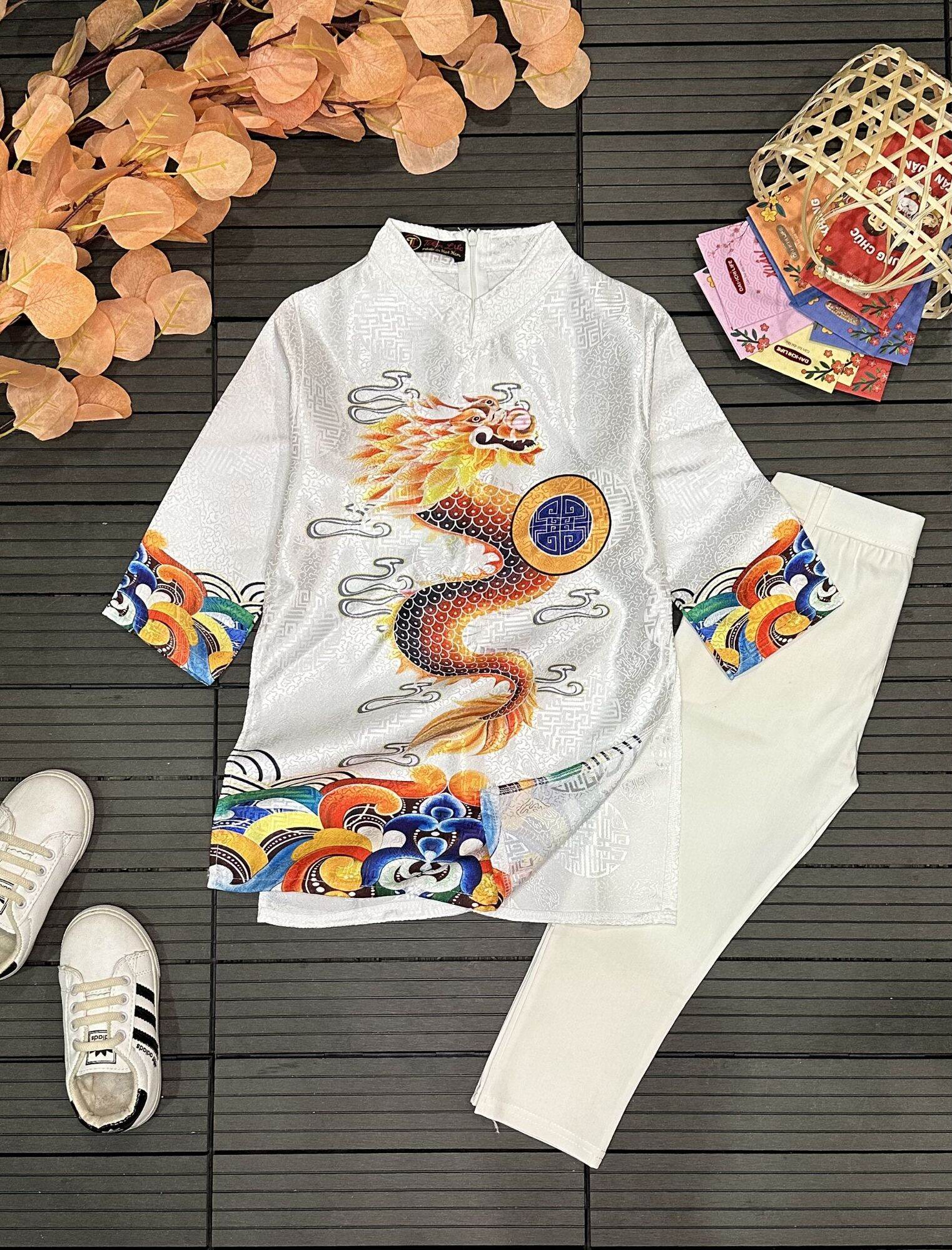 áo dài cách tân bé trai chất vải gấm