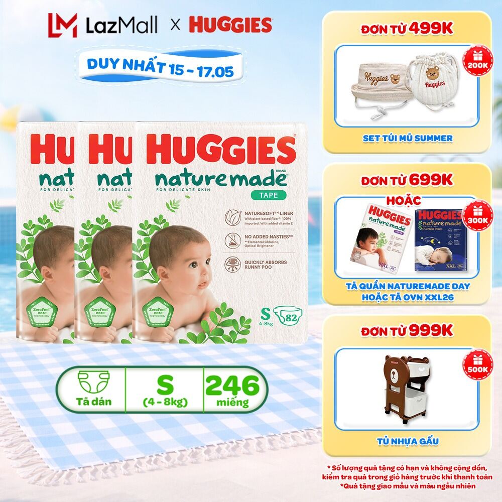 Combo 3 Tã/Bỉm dán sơ sinh Huggies NatureMade S82 (4-8kg)-Gói Super Jumbo 82 miếng