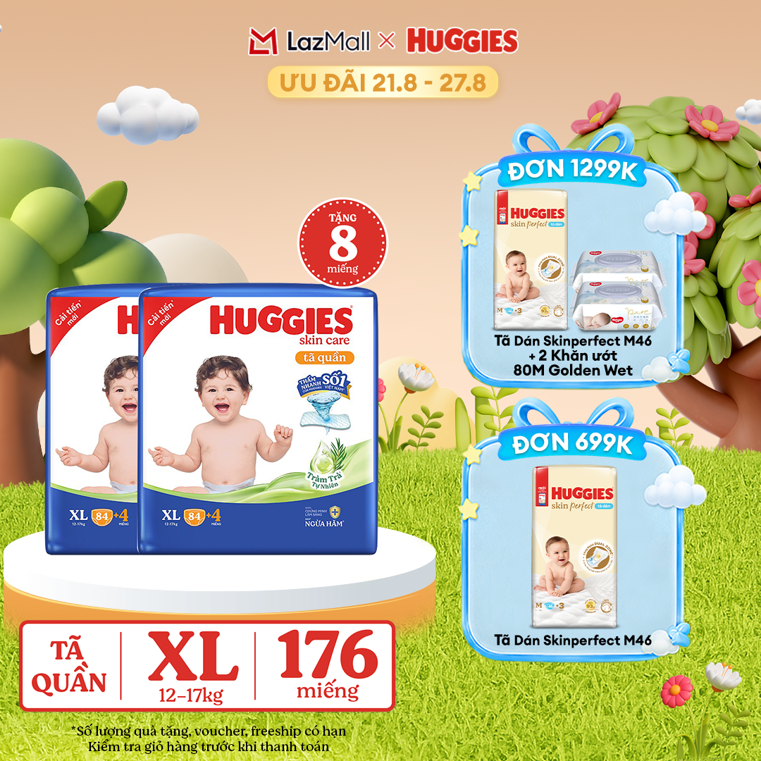 [17-24.08 GIẢM THÊM 90K]  Combo 2 Gói Tã/bỉm quần HUGGIES SKINCARE MEGA JUMBO size XL84+4 miếng