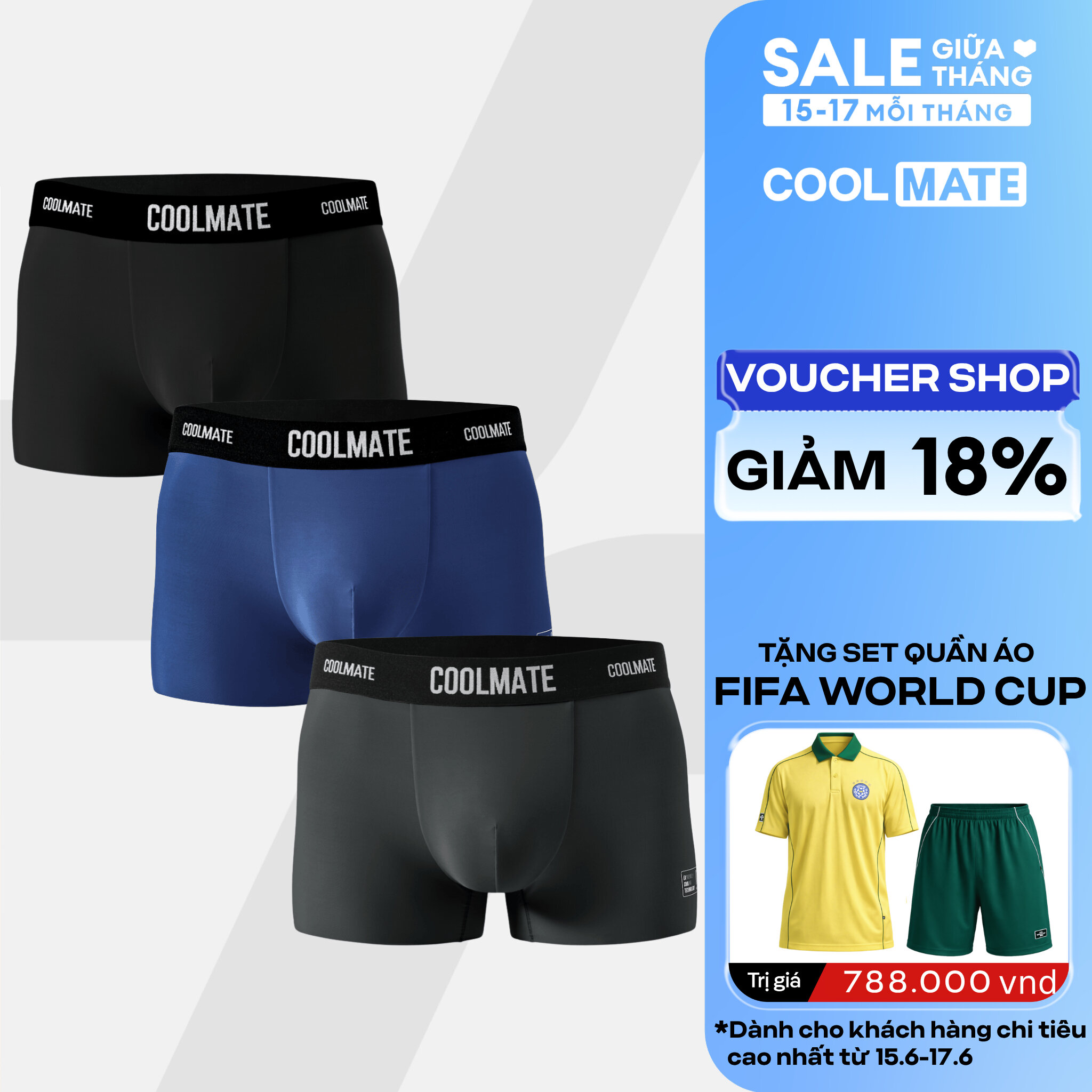 Combo 3 quần lót Trunk Excool Clean Cut mát mẻ, co giãn, siêu thấm hút Coolmate