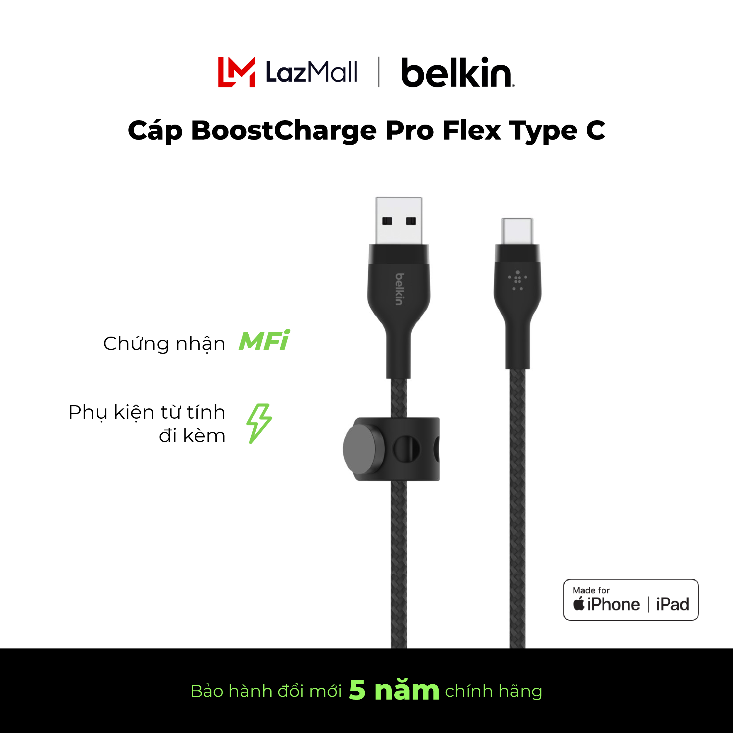 Cáp sạc USB Type C BOOST↑CHARGE™ PRO Flex Belkin vỏ silicon bọc dù 60W 1m CAB010 (tương thích iPhone 15)