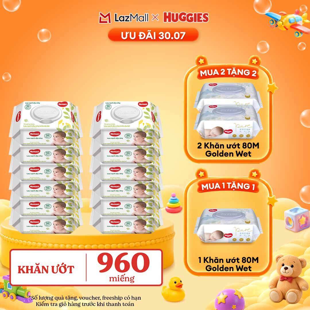[30.7 GIẢM THÊM 90K] Thùng khăn giấy ướt 12 gói Huggies 80 miếng không mùi