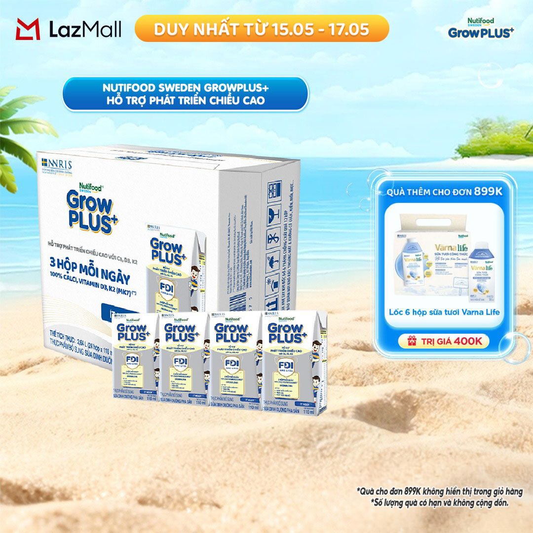 Sữa Bột Pha Sẵn Nutifood Sweden GrowPLUS+ Cao lớn vượt trội - Hỗ trợ phát triển chiều cao hộp  110 ml (24 hộp x 110ml)