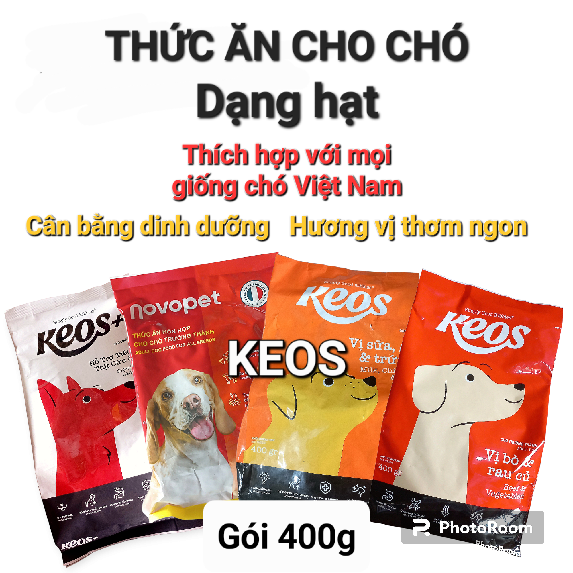 Gói 400g Thức Ăn Hạt Cho Chó KEOS + NOVOPET Thích Hợp Mọi Giống Chó Với Nhiều Hương Vị, Kích Thích Tiêu Hóa Tốt