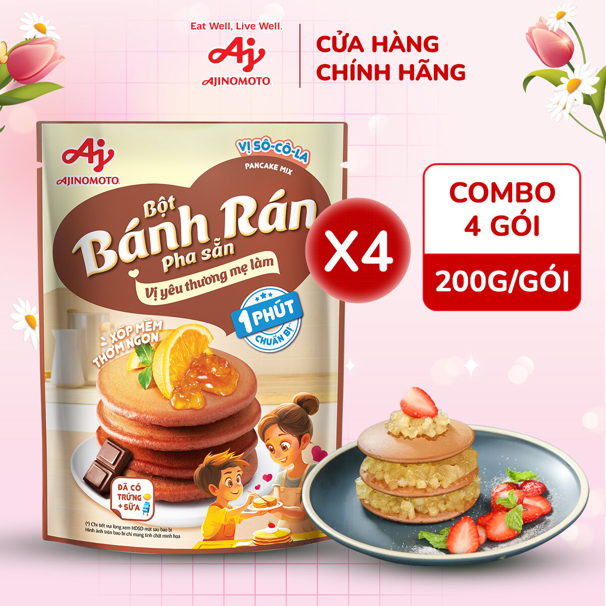 Combo 4 Gói Bột Bánh Rán Pha Sẵn Vị Sô-cô-la Ajinomoto 200g/Gói