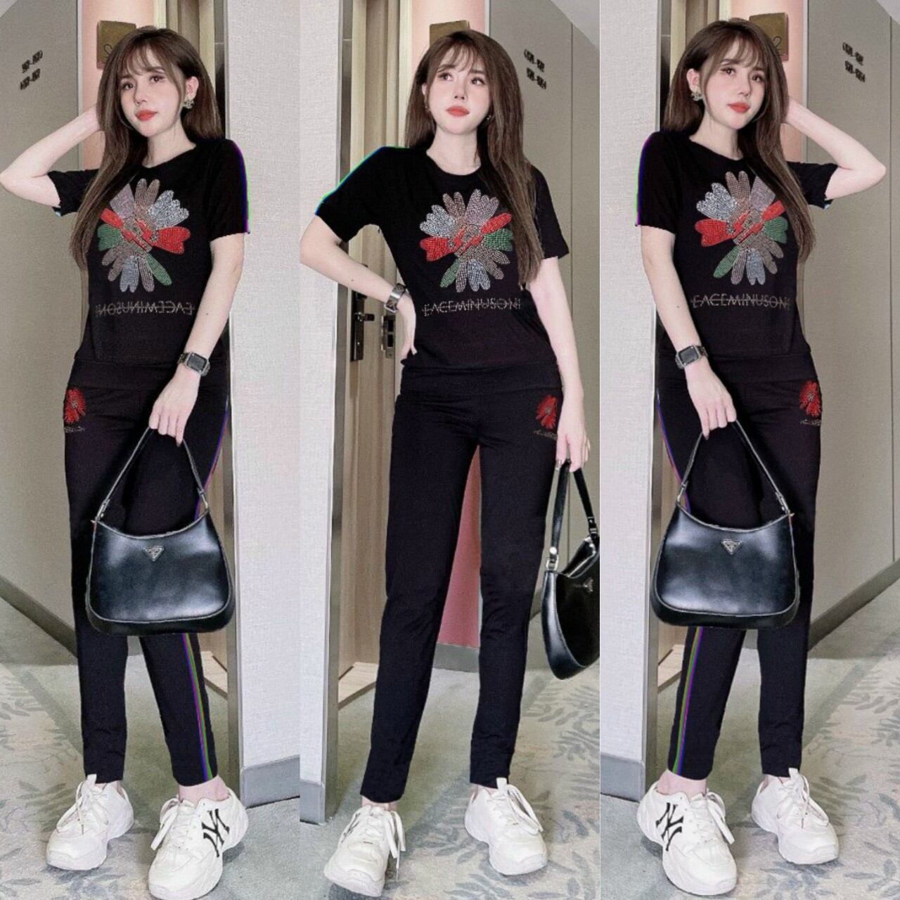 Sét đồ bộ nữ đính đá hoa cúc cao cấp thun cotton 100%