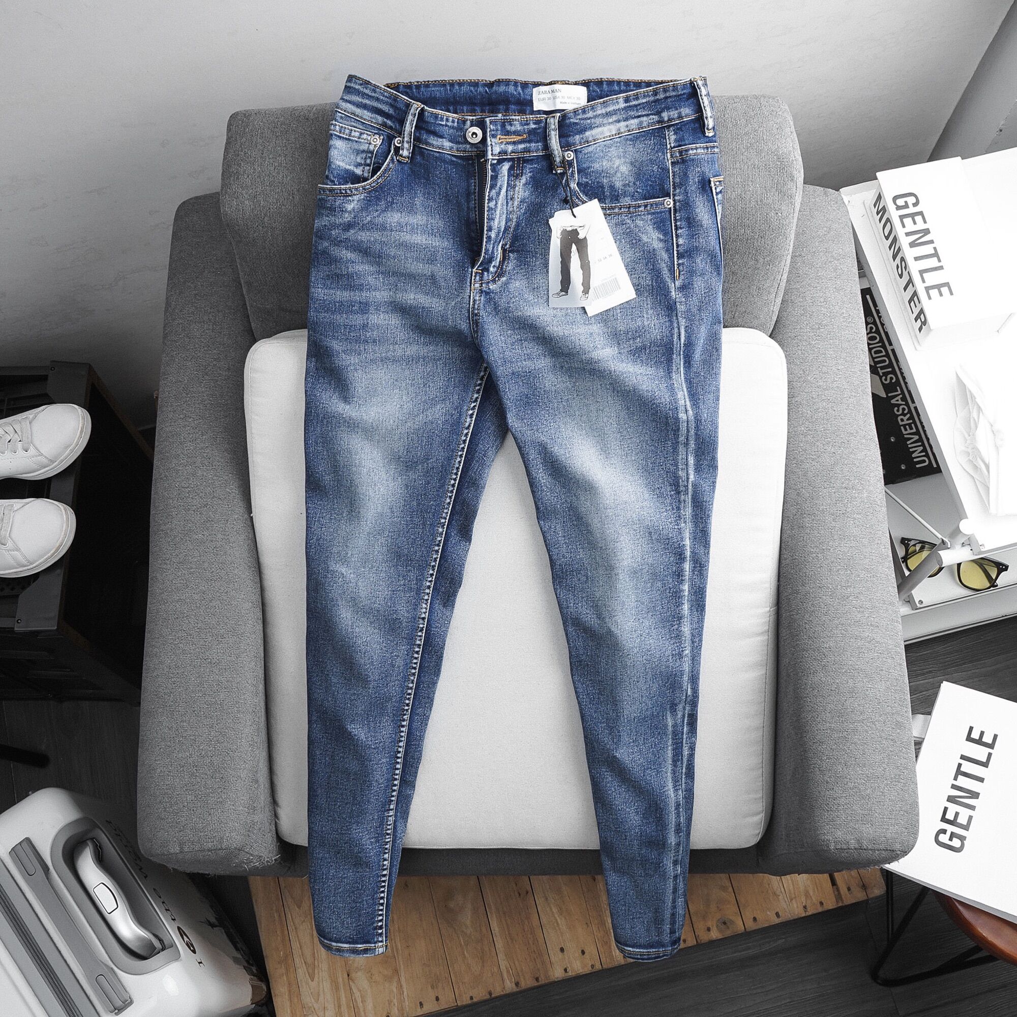 Quần jean nam hàng hiệu xanh sáng wax - jean co giản ống ôm