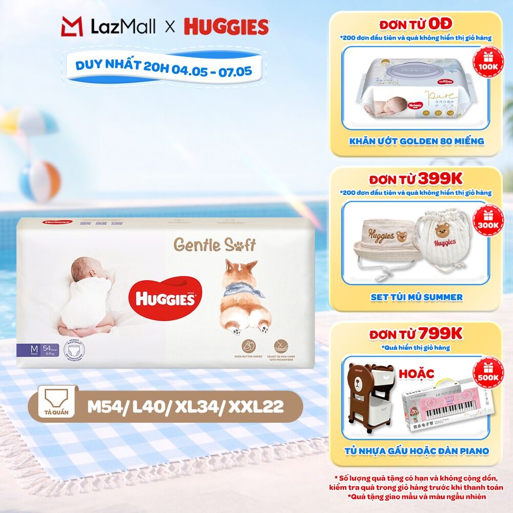 Tã quần Huggies Gentle Soft - Corgi M54/L40/XL34/XXL22 miếng êm mềm nâng niu làn da bé