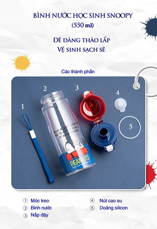 Bình nước Snoopy Bình nước học sinh 550ml