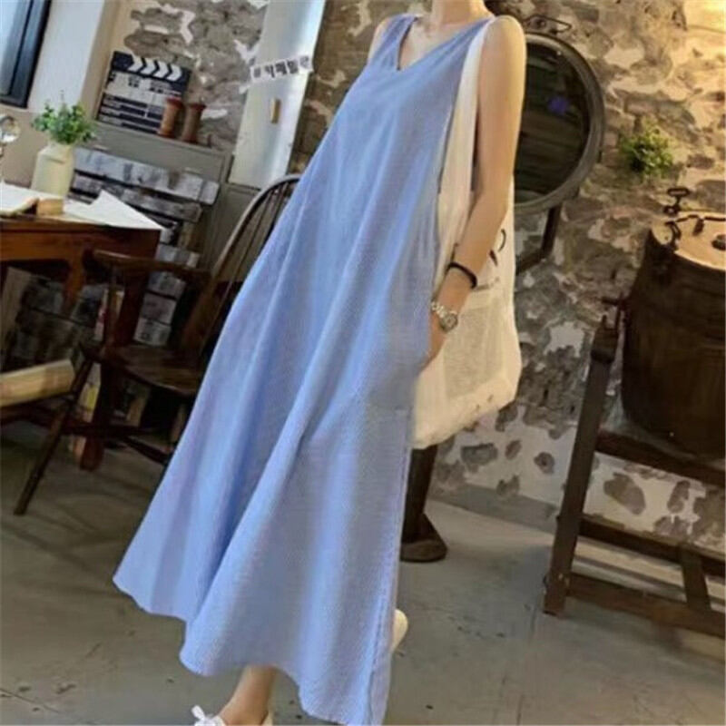 European Version of Ozhouzhan Sleeveless A- line Women's Summer Loose Fat mm Stripes Exta-long Linen and Cotton Linen Vest Dress